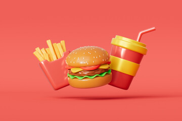 3d rendering hamburger chips and coke