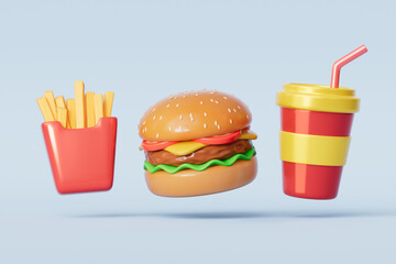 3d rendering hamburger chips and coke