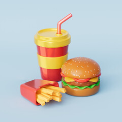 3d rendering hamburger chips and coke