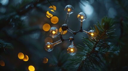 Unique molecule decoration hanging on a Christmas tree, with warm bokeh lights in the background, combining science and holiday spirit.