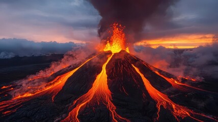 Glowing lava flowing from a volcano at dusk, capturing nature s raw power, volcanic glowtime, intense and dramatic