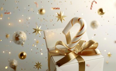 Elegant 3D rendering of a white gift box with gold ribbon and Christmas decorations