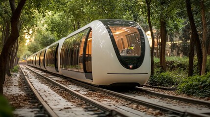 Modern autonomous train traveling through a lush green urban environment