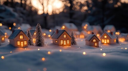 charming winter village scene with snowcovered cottages and twinkling lights warm golden glow from windows creates a cozy nostalgic atmosphere of holiday cheer