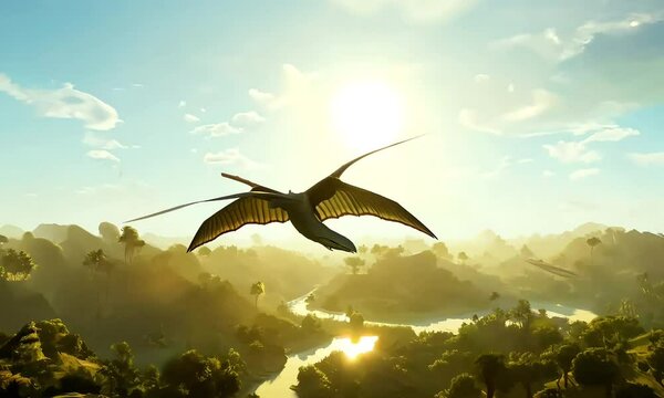 A magnificent pterosaur soars gracefully over a breathtaking sunset landscape, showcasing its impressive wingspan against the vibrant sky.