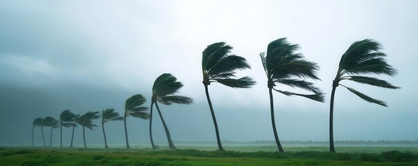 Galeforce winds bending palm trees during a tropical storm, extreme weather, powerful wind