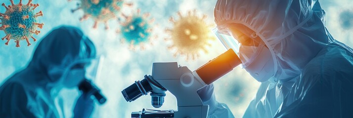Medical professionals in protective clothing analyze viruses through a microscope, emphasizing crucial disease control measures in a laboratory environment. Generative AI
