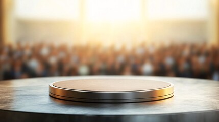 A contemporary podium with a minimalist design, placed on a metallic platform, with a blurred audience area in the background