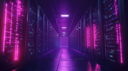 3D Render Server Racks in a Dark Room Featuring Data Technology Visual Effects Detailed Concept of Internet of Things Data Flow and Digitalization of Online Traffic Storage Equipment Visualization