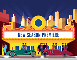 Retro cars and several pairs of glamorous people before the premiere in the cinema against the backdrop of the skyscrapers of the night city.   Handmade drawing vector illustration. Art Deco style.