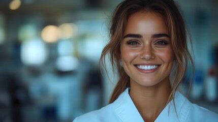 cheerful female dentist in pristine white coat beaming with confidence bright modern dental office setting with stateoftheart equipment embodying professionalism and care