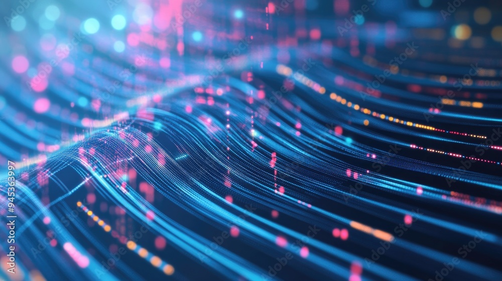 Poster abstract lines and dots intersect in the background illustrating concepts of digital data connectivi