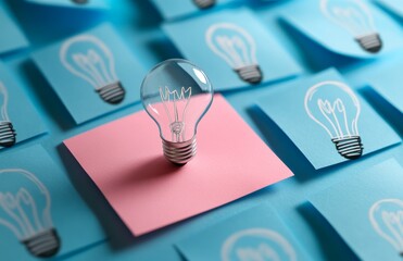 Pink Sticky Note with Lightbulb Drawings on Blue Post-It Notes Representing Ideas and Innovation
