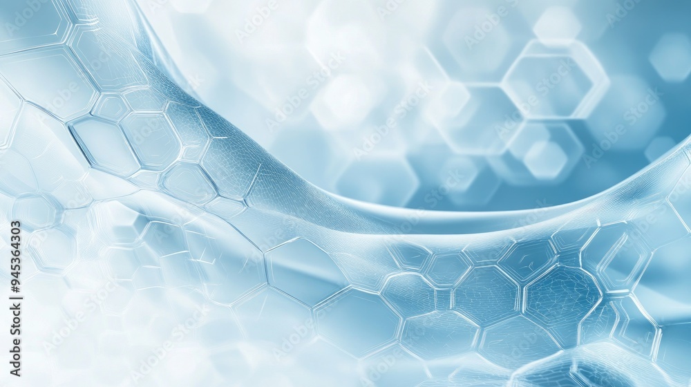 Poster a light blue backdrop with hexagonal designs and wavy lines representing a theme of science and tech