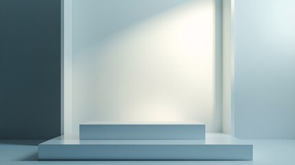 A podium with a glossy white surface, positioned on a raised platform with a clean, gradient background and subtle lighting