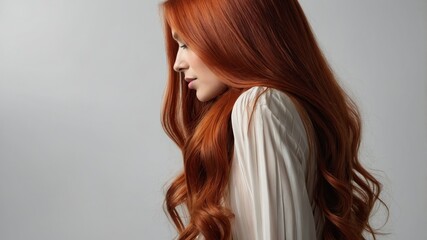 Naklejka premium A woman showcases her vibrant red hair styled in gentle waves against a simple backdrop