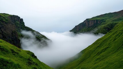 Obraz premium Fog rolling through a mountain pass, foggy weather, mysterious and silent