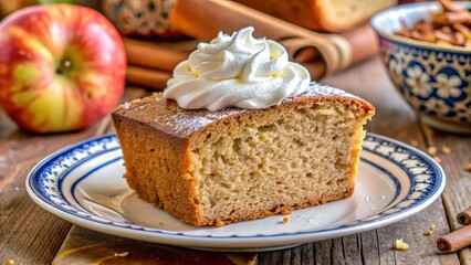 7. A single slice of apple cider donut bread topped with a generous dollop of whipped cream and a sprinkle of cinnamon, served on a delicate china plate, a realistic photo image.