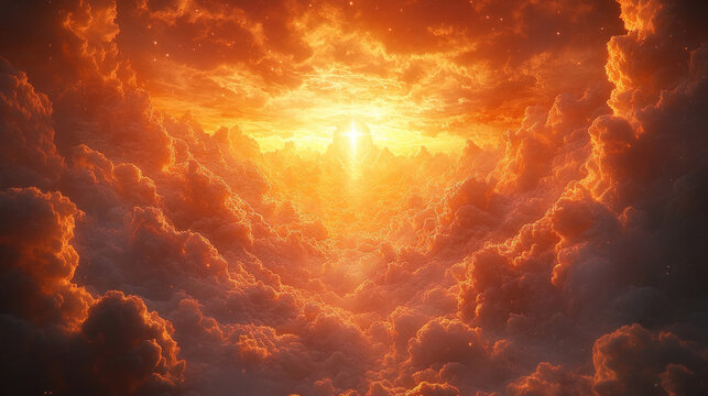 An inspiring scene of the divine throne and Jesus Christ in heaven, with celestial light and clouds highlighting the Christian concept of divine intervention and prophecy.