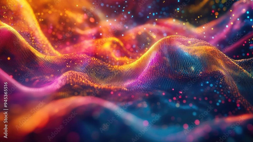 Poster Abstract digital data visualization featuring dynamic waves and moving dots resembling a musical flow of sound in a three dimensional space