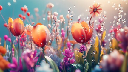 Abstract floral landscape with water droplets featuring a vibrant spring theme 3D rendering