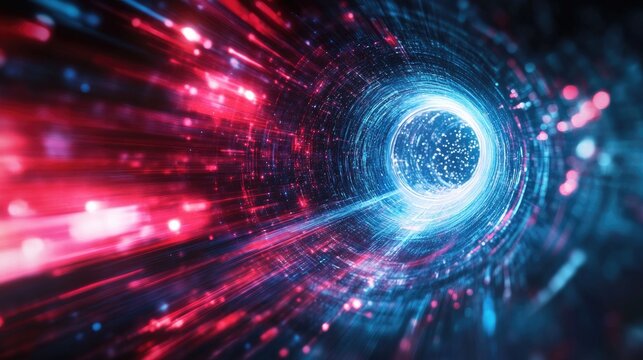 Abstract digital backdrop featuring red and blue lines with vibrant lights in motion A stargate created from blurred star lights symbolizes duality contrasting cold and hot facilitating information