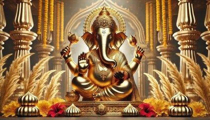 Fototapeta premium Golden Ganesha Statue in Temple with Decorative Elements