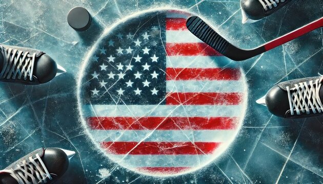 USA Hockey, American flag in a circle on an ice arena, with ice texture, under the ice, during a hockey game with hockey players, stick and puck