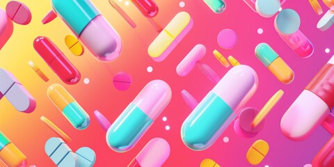 Abstract background with pills and drugs on multicolored gradient, smooth texture, vibrant colors, minimalistic design.