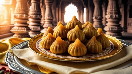 Traditional Modak Sweets on Golden Plate with Temple Background