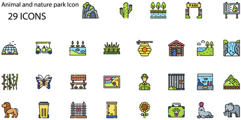 Set of Animal and nature park icons. Line art style icons bundle. vector illustration