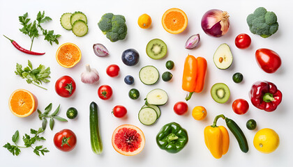 Healthy food background/studio photography of various fruits and vegetables on white background