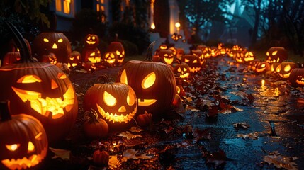 Fototapeta premium Numerous jack-o'-lanterns light up a dark, leaf-covered path in a spooky and festive Halloween scene.