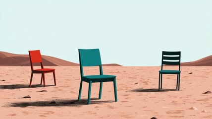 Scattered chairs in a barren field, drawn in a minimalist style, muted blues and reds, solitude concept