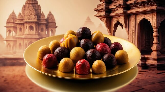 Assorted Gulab Jamun and Pantua on Golden Plate with Temple Background