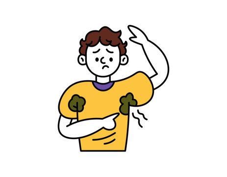 recommend clip art: illustration of a man with wet and smelly armpits. bad armpit odor. dirty and smelly. body problems. outline style character design. element