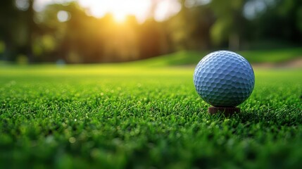Obraz premium closeup of pristine white golf ball perched on wooden tee set against blurred verdant golf course background embodying precision and anticipation