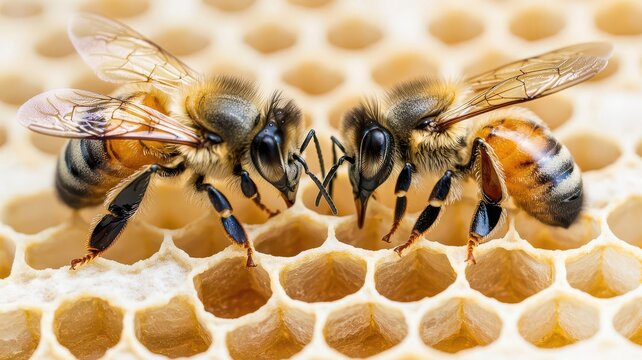 Two bees around a honeycomb