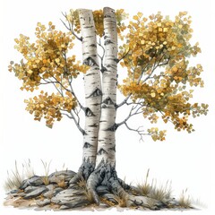 Fototapeta premium A watercolor illustration depicting a pair of birch trees with yellow leaves in the fall season