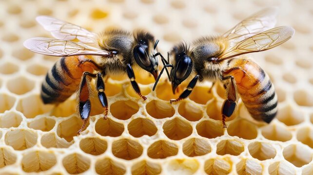 Two bees around a honeycomb