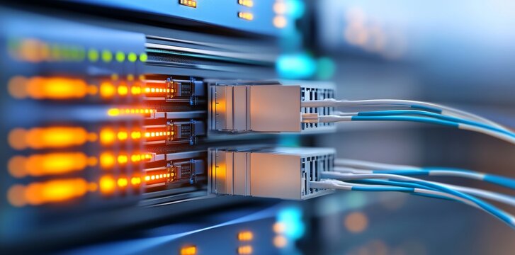 Abstract Blue and Green Data Center with Network Switch in Blurred Background Focusing on Modern Computer Technology Concept