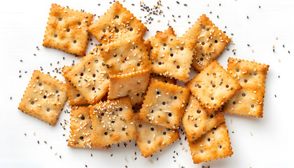 Delicious crispy crackers with poppy and sesame seeds isolated on white, top view