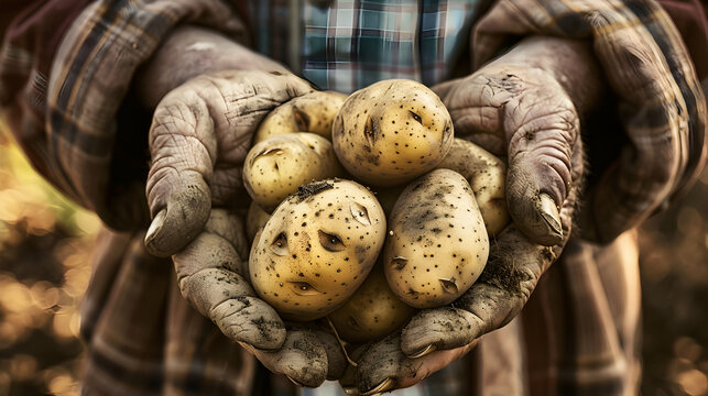 
The image shows a pair of weathered hands cradling a group of freshly harvested potatoes, still speckled with soil, emphasizing their organic origin. The person is wearing a plaid shirt under a brown