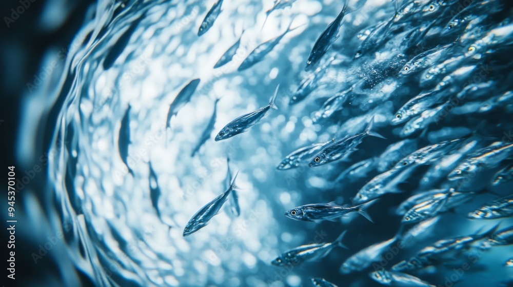 Poster a close-up of a shoal of silver fish darting around, with their bodies reflecting light and creating