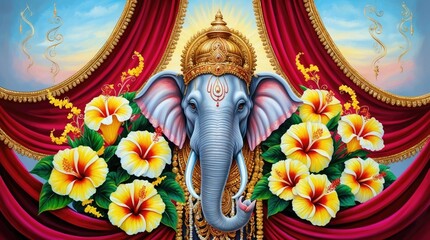Obraz premium Lord Ganesha in the form of an elephant adorned with yellow hibiscus, a concept for Ganesh Chaturtha