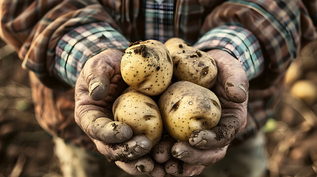 
The image shows a pair of weathered hands cradling a group of freshly harvested potatoes, still speckled with soil, emphasizing their organic origin. The person is wearing a plaid shirt under a brown