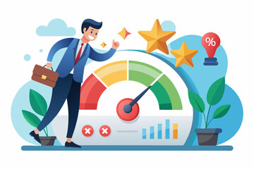 Push skill level, credit score or increase performance, improvement or effort to be better, excellent customer feedback review, gauge scale rating concept, businessman pushing skill performance gauge.