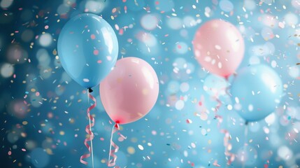 Pink and blue balloons floating with colorful confetti on a festive background, perfect for celebrations or parties.