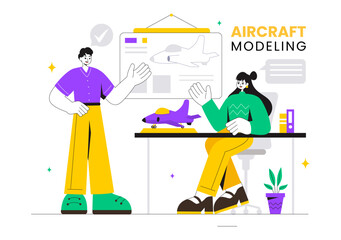 Aircraft Modeling and Crafting Vector Illustration with Assembling or Painting a Huge Airplane Model as a Replica of an Existing in the Background