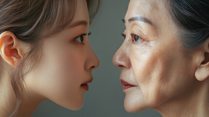 Young woman and her elderly mother take care of their skin and look great,Two generations,Beautiful middle aged mother and her adult daughter,skincare and Aging concept,Comparison of young and old.